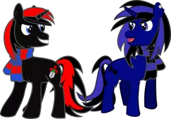 Size: 1047x730 | Tagged: safe, artist:sorasleafeon, derpibooru import, oc, oc:airwave, oc:shadow sora, unofficial characters only, pony, unicorn, best friends, clothes, duo, male, mischievous, red and black oc, scarf, simple background, smiling, stallion, transparent background