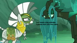 Size: 1280x720 | Tagged: safe, derpibooru import, edit, edited screencap, screencap, queen chrysalis, zecora, changeling, changeling queen, pony, zebra, the cutie re-mark, alternate timeline, chrysalis resistance timeline, everfree forest, female, forest, meme, resistance leader zecora, threat, transmogrification, u mad