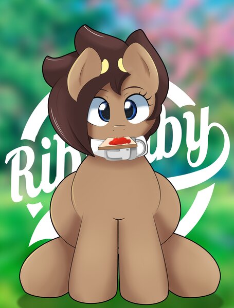 Size: 3107x4096 | Tagged: safe, artist:ribiruby, derpibooru import, oc, oc:ruby, oc:ruby big heart, unofficial characters only, earth pony, pony, bread, collar, cow horns, female, food, looking at you, mare, mouth hold, sitting, solo, toast