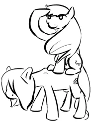 Size: 308x421 | Tagged: safe, artist:tempusfidgets, deleted from derpibooru, derpibooru import, oc, oc:autumn bramble, oc:tempus fidgets, earth pony, pony, female, female on male, male, monochrome, siblings, simple background, standing on back, straight