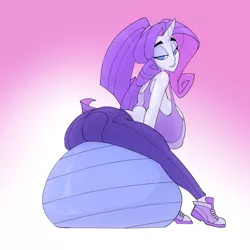 Size: 1023x1023 | Tagged: artist:bigdad, ass, ball, big breasts, breasts, busty rarity, butt, clothes, derpibooru import, erect nipples, exercise ball, female, horn, horned humanization, huge breasts, human, humanized, impossibly large breasts, large butt, looking back, nipple outline, pants, rarity, rearity, smiling, solo, solo female, sports bra, suggestive, yoga ball, yoga pants