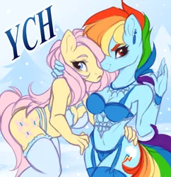 Size: 800x828 | Tagged: suggestive, artist:cabbage-arts, derpibooru import, fluttershy, rainbow dash, anthro, pegasus, bra, breasts, cleavage, clothes, commission, ear piercing, earring, female, flutterdash, garters, jewelry, lesbian, lingerie, mare, panties, piercing, shipping, smiling, socks, stockings, thigh highs, underwear, winter, your character here