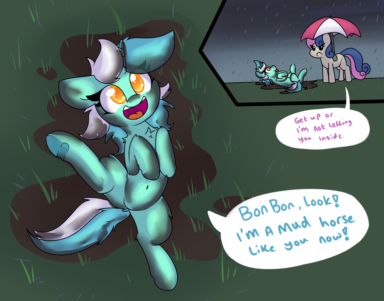 Size: 2500x1962 | Tagged: safe, artist:lockheart, derpibooru import, bon bon, lyra heartstrings, sweetie drops, earth pony, pony, unicorn, :c, :p, >:c, angry, annoyed, belly button, bon bon is not amused, chest fluff, colored pupils, cute, dirty, dock, duo, female, floppy ears, frown, glare, grass, horses doing horse things, lyrabetes, mare, mouthpiece, mud, mud pony, on back, open mouth, out of character, pun, racism, rain, rolling, shoulder fluff, silly, silly pony, smiling, speech bubble, spread legs, spreading, this will not end well, tongue out, umbrella, unamused, underhoof