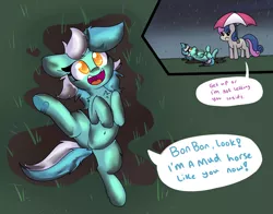 Size: 2500x1962 | Tagged: safe, artist:lockheart, derpibooru import, bon bon, lyra heartstrings, sweetie drops, earth pony, pony, unicorn, :c, :p, >:c, angry, annoyed, belly button, bon bon is not amused, chest fluff, colored pupils, cute, dirty, dock, duo, female, floppy ears, frown, glare, grass, horses doing horse things, lyrabetes, mare, mouthpiece, mud, mud pony, on back, open mouth, out of character, pun, racism, rain, rolling, shoulder fluff, silly, silly pony, smiling, speech bubble, spread legs, spreading, this will not end well, tongue out, umbrella, unamused, underhoof