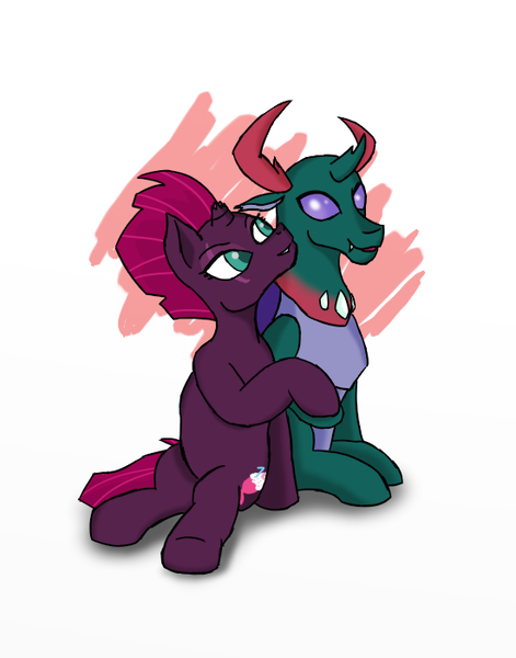 Size: 550x700 | Tagged: safe, artist:eulicious, derpibooru import, fizzlepop berrytwist, pharynx, tempest shadow, changedling, changeling, pony, unicorn, broken horn, crack shipping, eye scar, female, holding hooves, horn, interspecies, male, prince pharynx, scar, shipping, simple background, tempynx