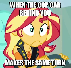 Size: 1118x1078 | Tagged: safe, derpibooru import, edit, edited screencap, screencap, sunset shimmer, driving miss shimmer, equestria girls, equestria girls series, caption, car, driving, driving miss shimmer: fluttershy, female, image macro, impact font, meme, steering wheel, text