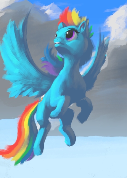 Size: 1000x1400 | Tagged: safe, artist:eqlipse, derpibooru import, rainbow dash, pony, cloud, female, flight, flying, solo