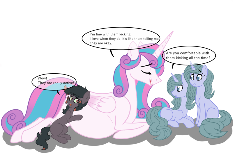 Size: 3000x2000 | Tagged: safe, artist:chelseawest, derpibooru import, princess flurry heart, oc, alicorn, pony, unicorn, adult, belly, dialogue, eyes closed, female, lying down, male, mama flurry, multiple pregnancy, offspring, older, older flurry heart, parent:king sombra, parent:radiant hope, parents:hopebra, pregnant, quints, quintuplets, siblings, side, simple background, teenager, transparent background