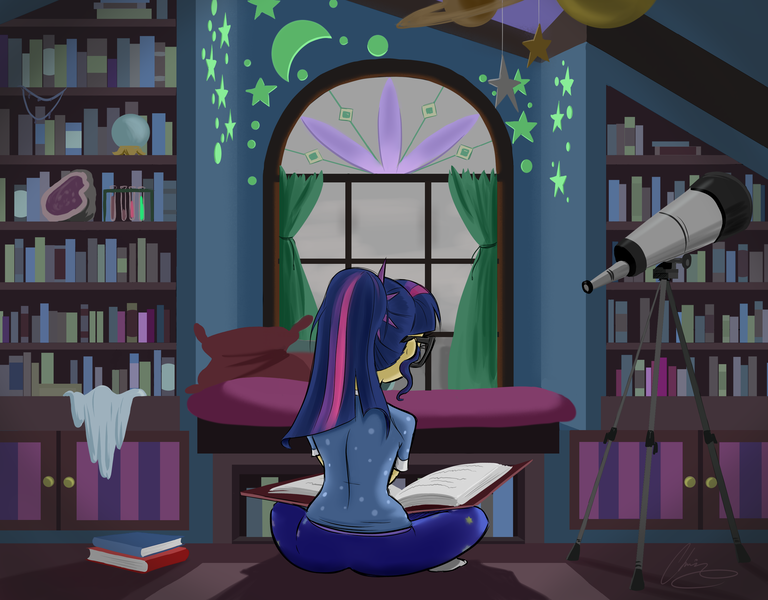 Size: 3378x2638 | Tagged: artist:oinktweetstudios, book, bookshelf, clothes, derpibooru import, female, human, humanized, reading, rear view, safe, sci-twi, solo, telescope, twilight sparkle, window