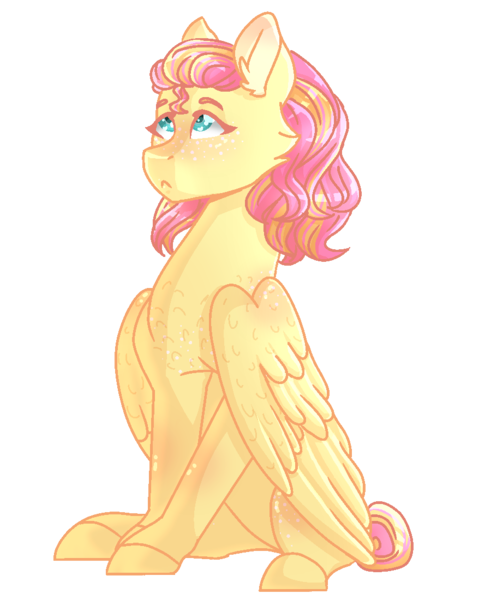 Size: 900x1100 | Tagged: safe, artist:plixine, derpibooru import, fluttershy, pegasus, pony, alternate hairstyle, cross-eyed, female, looking at something, looking up, mare, short mane, simple background, sitting, solo, stray strand, three quarter view, transparent background, wings