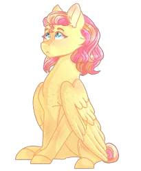 Size: 900x1100 | Tagged: safe, artist:plixine, derpibooru import, fluttershy, pegasus, pony, alternate hairstyle, cross-eyed, female, looking at something, looking up, mare, short mane, simple background, sitting, solo, stray strand, three quarter view, transparent background, wings