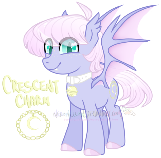 Size: 1280x1259 | Tagged: safe, artist:nekomellow, derpibooru import, oc, oc:crescent charm, bat pony, pony, bat pony oc, bat wings, collar, cute, moon, pastel, simple background, slit eyes, transparent background, wings