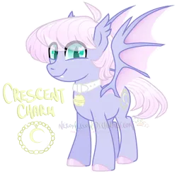 Size: 1280x1259 | Tagged: safe, artist:nekomellow, derpibooru import, oc, oc:crescent charm, bat pony, pony, bat pony oc, bat wings, collar, cute, moon, pastel, simple background, slit eyes, transparent background, wings