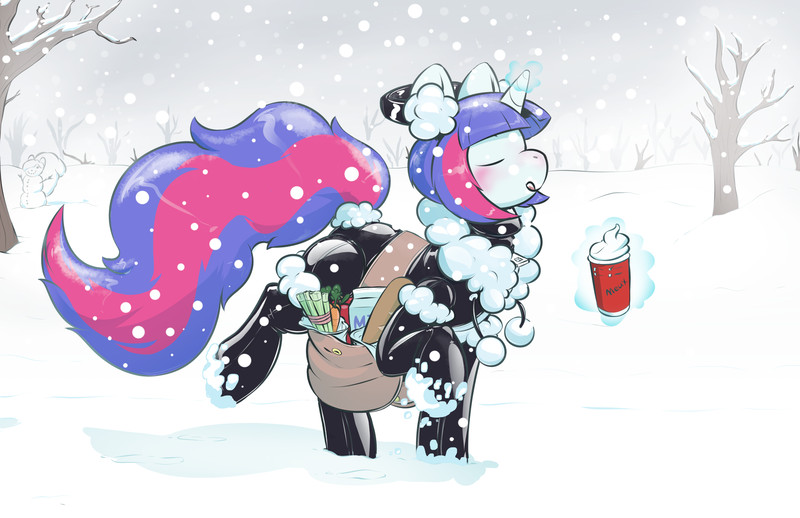Size: 2550x1650 | Tagged: safe, artist:helixjack, derpibooru import, oc, oc:mew, unofficial characters only, pony, unicorn, apple, bag, carrot, casual latex, celery, chocolate, clothes, cup, earmuffs, eyes closed, female, food, groceries, hot chocolate, image, latex, latex clothes, latex suit, licking, licking lips, magic, mare, milk, multicolored hair, multicolored mane, multicolored tail, outdoors, png, raised hoof, rubber, saddle bag, seams, side view, snow, snowfall, snowman, solo, telekinesis, tongue out, winter, winter outfit