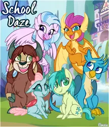 Size: 660x768 | Tagged: safe, artist:esmeia, derpibooru import, gallus, ocellus, sandbar, silverstream, smolder, yona, changedling, changeling, classical hippogriff, dragon, earth pony, gryphon, hippogriff, pony, yak, school daze, bow, cloven hooves, colored hooves, cute, diaocelles, diastreamies, dragoness, eye clipping through hair, eyebrows visible through hair, female, gallabetes, hair bow, jewelry, male, monkey swings, necklace, sandabetes, smiling, smolderbetes, student six, teenager, yonadorable