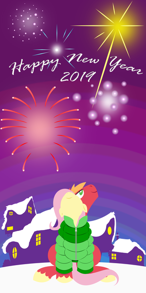 Size: 2880x5760 | Tagged: safe, anonymous artist, derpibooru import, big macintosh, fluttershy, earth pony, pegasus, pony, series:fm holidays, clothes, coat, female, fireworks, fluttermac, happy new year, happy new year 2019, holiday, hooves, lineless, looking up, male, mare, new year, night, no pupils, nose in the air, shared clothing, shipping, smiling, snow, stallion, straight, wings