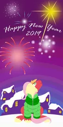 Size: 2880x5760 | Tagged: safe, anonymous artist, derpibooru import, big macintosh, fluttershy, earth pony, pegasus, pony, series:fm holidays, clothes, coat, female, fireworks, fluttermac, happy new year, happy new year 2019, holiday, hooves, lineless, looking up, male, mare, new year, night, no pupils, nose in the air, shared clothing, shipping, smiling, snow, stallion, straight, wings