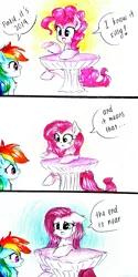 Size: 1309x2619 | Tagged: safe, artist:liaaqila, derpibooru import, pinkie pie, rainbow dash, earth pony, pegasus, pony, 2019, alternate hairstyle, comic, crying, duo, end of ponies, female, harsher in hindsight, mare, open mouth, pinkamena diane pie, sad, sad in hindsight, series finale, series finale blues, simple background, table, traditional art, white background