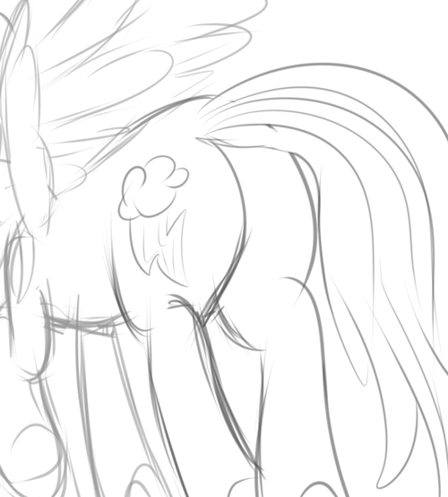 Size: 500x554 | Tagged: dead source, suggestive, artist:mostazathy, derpibooru import, rainbow dash, pegasus, pony, butt, monochrome, plot, plot only, sketch, solo