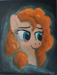 Size: 1365x1792 | Tagged: safe, artist:cocopommel, derpibooru import, pear butter, pony, bust, canvas, female, grin, mare, oil painting, portrait, smiling, solo, traditional art