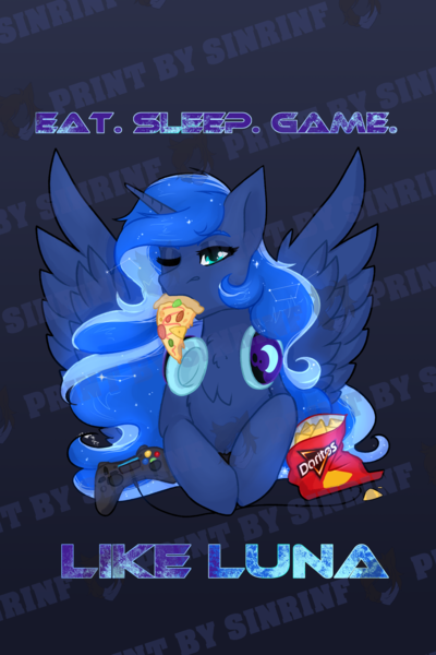 Size: 1600x2400 | Tagged: safe, artist:flysouldragon, derpibooru import, princess luna, pony, gamer luna, chips, controller, doritos, eating, food, pizza, print, solo, stars