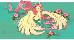 Size: 1759x965 | Tagged: safe, artist:cigarscigarettes, derpibooru import, fluttershy, pegasus, pony, female, head turn, lidded eyes, long tail, looking away, mare, smiling, solo, spread wings, standing in water, stray strand, water, water lily, waterlily, wings