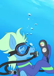 Size: 2480x3508 | Tagged: grimdark, artist:chef-cheiro, derpibooru import, oc, oc:sea glow, pony, air tank, asphyxiation, bubble, respirator, scuba, this will end in drowning, underwater, wetsuit