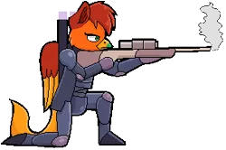 Size: 302x200 | Tagged: safe, derpibooru import, oc, oc:amber wing, anthro, gryphon, armor, gun, risk of rain, solo, weapon