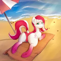 Size: 1400x1400 | Tagged: suggestive, artist:foxyghost, derpibooru import, oc, oc:cherry pop, unofficial characters only, pony, anatomically correct, beach, beach blanket, butt, dock, female, looking at you, looking back, looking back at you, mare, nudity, plot, solo, sunshine, umbrella, vulva