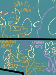 Size: 600x800 | Tagged: artist:eow, art pack:clop for a cause 4, bait and switch, colored line art, comic, cooking, derpibooru import, egg, food, implied spolder, misunderstanding, prank, safe, shipping, smolder, spike, spike is not amused, unamused, wtf