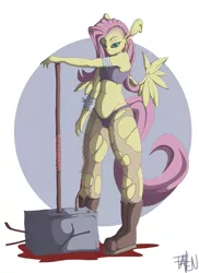 Size: 873x1200 | Tagged: anthro, artist:starfallen, belly button, blood, boots, bra, breasts, clothes, derpibooru import, ear piercing, fluttershy, maul, panties, pantyhose, piercing, plantigrade anthro, semi-grimdark, shoes, suggestive, torn clothes, underwear, wings