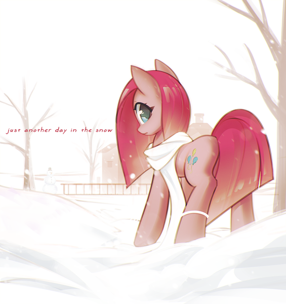 Size: 1323x1404 | Tagged: safe, artist:mirroredsea, derpibooru import, edit, pinkie pie, earth pony, pony, clothes, female, looking at you, looking back, looking back at you, mare, pinkamena diane pie, rock farm, scarf, snow, snowfall, snowman, solo, text, text edit, winter