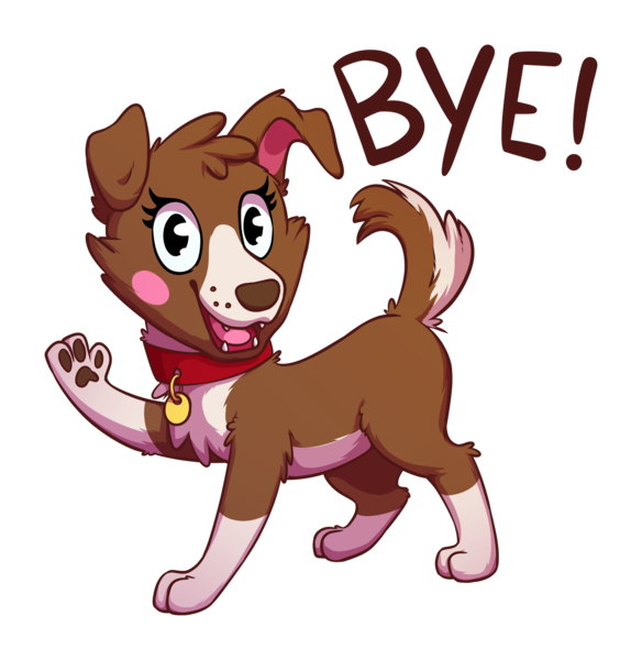 Size: 2887x2968 | Tagged: artist:senaelik, blushing, blush sticker, bye, collar, derpibooru import, dog, facebook sticker, female, looking at you, mlp-fied, paws, request, safe, simple background, smiling, solo, text, transparent background, underpaw, waving, winona