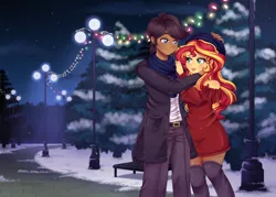 Size: 3500x2500 | Tagged: safe, artist:lucy-tan, derpibooru import, sunset shimmer, oc, oc:hemlock, equestria girls, beanie, bench, blushing, canon x oc, christmas, christmas lights, clothes, commission, cute, female, hat, holiday, interracial, lamppost, lipstick, male, night, pants, scarf, snow, stars