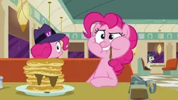 Size: 1280x720 | Tagged: safe, derpibooru import, screencap, lucky breaks, pinkie pie, earth pony, pony, the saddle row review, clone, food, hat, lantern, male, pancakes, pinkie clone, plate, stallion, syrup, table