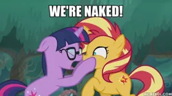 Size: 600x337 | Tagged: safe, derpibooru import, edit, edited screencap, screencap, sci-twi, sunset shimmer, twilight sparkle, ponified, pony, unicorn, equestria girls, equestria girls series, spring breakdown, spoiler:eqg series (season 2), bipedal, boop, caption, equestria girls ponified, eyes closed, female, floppy ears, frown, glasses, image macro, implied nudity, mare, nose wrinkle, noseboop, open mouth, raised hoof, screaming, squishy cheeks, text, unicorn sci-twi, we don't normally wear clothes, wide eyes