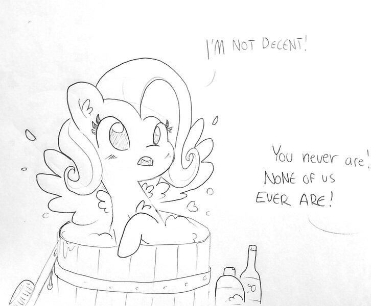 Size: 1686x1393 | Tagged: safe, artist:tjpones, derpibooru import, fluttershy, pegasus, pony, bath, bathing, black and white, blushing, brush, chest fluff, dialogue, ear fluff, female, grayscale, lineart, mare, monochrome, offscreen character, shampoo, simple background, spread wings, traditional art, we don't normally wear clothes, wings