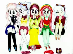 Size: 2222x1638 | Tagged: safe, artist:liaaqila, derpibooru import, oc, oc:aesthetic adore, oc:nightberry, oc:shy meadows, oc:silky feathers, oc:summer song (ice1517), unofficial characters only, icey-verse, equestria girls, bandana, barefoot, black socks, clothes, commission, dress, equestria girls-ified, eyes closed, feather, feet, female, fetish, foot fetish, gloves, goggles, hijab, hoodie, islam, laughing, lip bite, magical lesbian spawn, next generation, offspring, one eye closed, open mouth, parent:fluttershy, parent:inky rose, parent:lily lace, parent:nightshade, parent:raspberry vinaigrette, parent:tree hugger, parents:flutterhugger, parents:inky lace, parents:nightlace, parents:raspberryshade, scarf, shorts, siblings, signature, simple background, sisters, skirt, sleeveless, socks, stockings, striped socks, tanktop, thigh highs, tickle fetish, tickle torture, tickling, traditional art, wall of tags, white background, zettai ryouiki