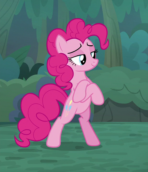 Size: 619x720 | Tagged: safe, derpibooru import, screencap, pinkie pie, earth pony, pony, the mean 6, bipedal, cropped, crossed hooves, everfree forest, female, lidded eyes, mare, proud