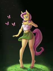 Size: 2772x3684 | Tagged: adorasexy, anthro, artist:anadukune, belly button, breasts, cleavage, clothes, cute, derpibooru import, female, fluttershy, grass, legs, mare, midriff, miniskirt, off shoulder, pegasus, raised eyebrow, sexy, short shirt, shyabetes, side slit, skirt, smiling, solo, suggestive, tanktop, thighs, unguligrade anthro