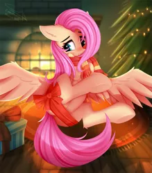 Size: 1145x1309 | Tagged: suggestive, artist:omi, derpibooru import, fluttershy, pony, anus, blushing, christmas, christmas tree, clothes, cute, female, fireplace, holiday, nudity, present, ribbon, scarf, shyabetes, simplistic anus, smiling, solo, strategically covered, tree
