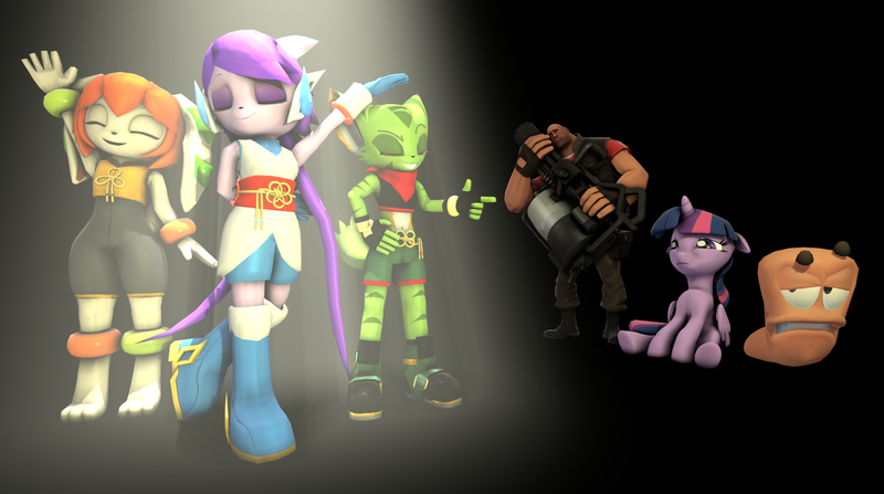 Size: 1700x950 | Tagged: 3d, alicorn, artist:tbwinger92, carol tea, crossover, derpibooru import, freedom planet, heavy weapons guy, milla basset, safe, sash lilac, source filmmaker, spotlight, team fortress 2, twilight sparkle, twilight sparkle (alicorn), worm, worms, worms (video game)