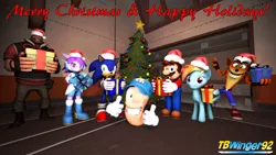 Size: 1920x1080 | Tagged: safe, artist:tbwinger92, derpibooru import, rainbow dash, pony, worm, 2017, 3d, christmas, christmas ornament, christmas tree, crash bandicoot, crossover, decoration, freedom planet, heavy weapons guy, holiday, mario, present, sash lilac, sonic the hedgehog, sonic the hedgehog (series), source filmmaker, super mario bros., team fortress 2, tree, worms, worms (video game)