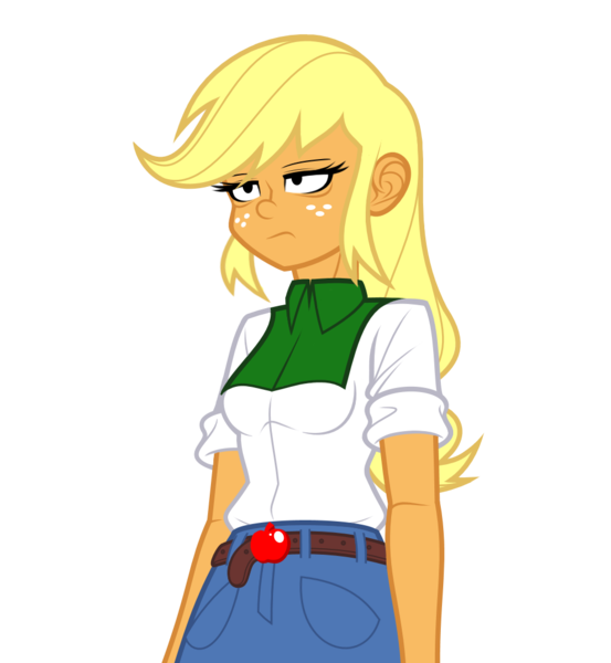 Size: 976x1058 | Tagged: safe, artist:pedantczepialski, derpibooru import, applejack, equestria girls, alternate universe, applejack is not amused, blonde, breasts, clothes, equestria girls: the parody series, female, freckles, hatless, missing accessory, simple background, solo, transparent background, unamused