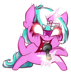 Size: 1024x1043 | Tagged: safe, artist:midnightpremiere, derpibooru import, oc, oc:mane event, pony, unicorn, bronycon, aggretsuko, bronycon mascots, glowing eyes, glowing horn, horn, magic, microphone, sanrio, simple background, telekinesis, transparent background