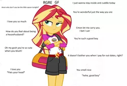 Size: 1476x1000 | Tagged: suggestive, derpibooru import, sunset shimmer, equestria girls, legend of everfree, /mlp/, 4chan, bag, camp everfree outfits, crossed arms, female, femdom, good boy, ideal gf, male, matriarchy, meme, reversed gender roles equestria, simple background, straight