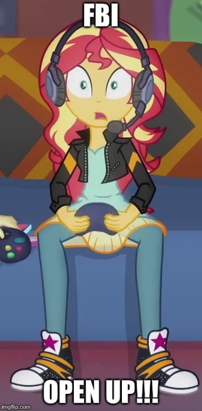 Size: 353x718 | Tagged: safe, derpibooru import, edit, edited screencap, screencap, fluttershy, sunset shimmer, equestria girls, equestria girls series, game stream, spoiler:eqg series (season 2), clothes, controller, converse, cropped, fbi open up, headphones, headset, shoes, sneakers, sunset gamer, swatting