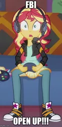 Size: 353x718 | Tagged: safe, derpibooru import, edit, edited screencap, screencap, fluttershy, sunset shimmer, equestria girls, equestria girls series, game stream, spoiler:eqg series (season 2), clothes, controller, converse, cropped, fbi open up, headphones, headset, shoes, sneakers, sunset gamer, swatting