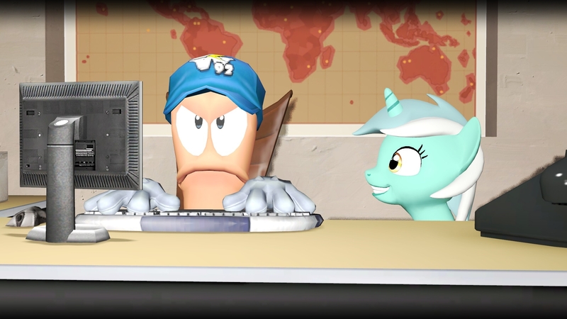 Size: 1920x1080 | Tagged: 3d, artist:tbwinger92, baseball cap, cap, computer, computer mouse, crossover, derpibooru import, desk, gmod, hat, keyboard, lyra heartstrings, monitor, safe, worm, worms, worms (video game)