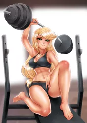 Size: 2827x4000 | Tagged: suggestive, artist:racoonsan, derpibooru import, edit, applejack, human, equestria girls, abs, anime, applebucking thighs, armpits, barbell, barefoot, belly button, big breasts, breasts, busty applejack, clothes, eyelashes, feet, female, freckles, geode of super strength, gym, humanized, indoors, looking at you, magical geodes, midriff, sexy, shoulder freckles, sitting, skintight clothes, smiling, solo, sports bra, stupid sexy applejack, super strength, thighs, thunder thighs, toenails, toes, weight lifting, weights, wide hips